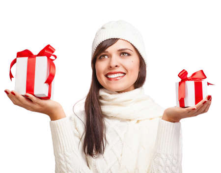 Beautiful girl with gifts isolated on white backgroundの写真素材