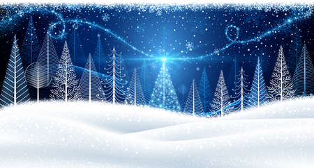 Christmas background with magic trees and snowflakesのイラスト素材