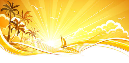 Sunny background with palm trees and sailboat. Vector backgroundのイラスト素材