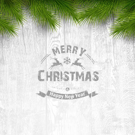 Wooden background with painted holiday typography and Christmas fir treeのイラスト素材
