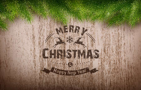 Wooden background with painted holiday typography and Christmas fir tree. Vector illustrationのイラスト素材