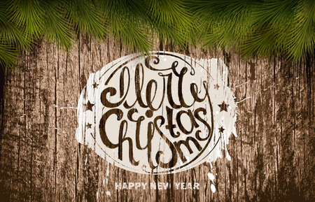 Wooden background with painted holiday typography and Christmas fir tree. Vector illustrationのイラスト素材