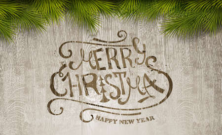 Wooden background with painted holiday typography and Christmas fir tree. Vector illustrationのイラスト素材