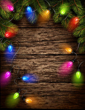 Christmas light with fir branches on old wooden texture. Vector illustrationのイラスト素材