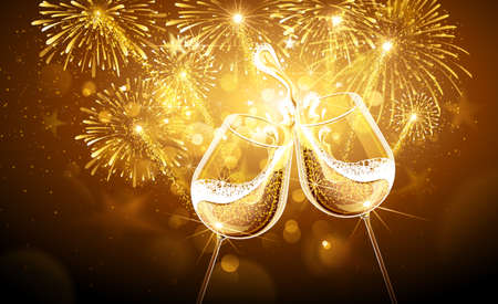 New Year fireworks and champagne glasses. Vectorのイラスト素材