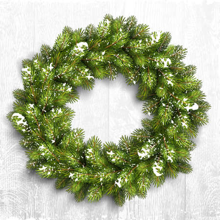 Christmas wreath in snow on white wooden background. Vector Illustrationのイラスト素材