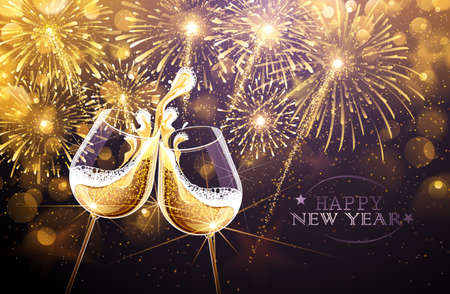 New Year fireworks and champagne glasses. Vectorのイラスト素材