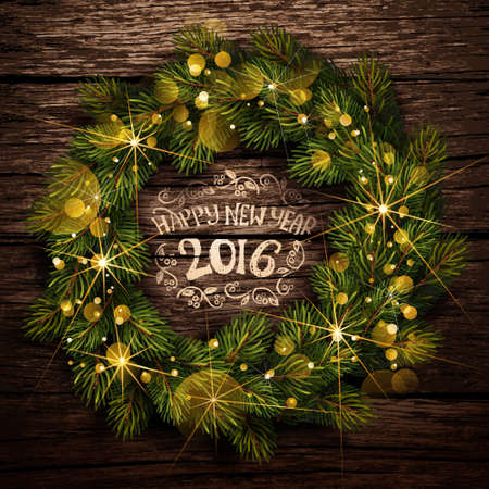 Christmas wreath with painted holiday typography on wooden background. Vector illustrationのイラスト素材