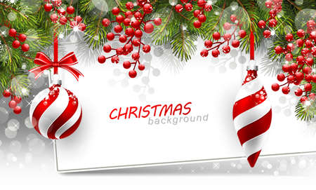 Christmas background with fir branches and red balls with decorations.  Vector illustration