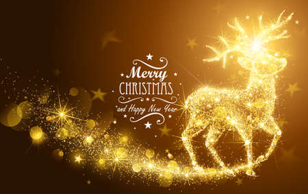 Christmas card with silhouette Magic Deer and flickering lights. Vector illustrationのイラスト素材