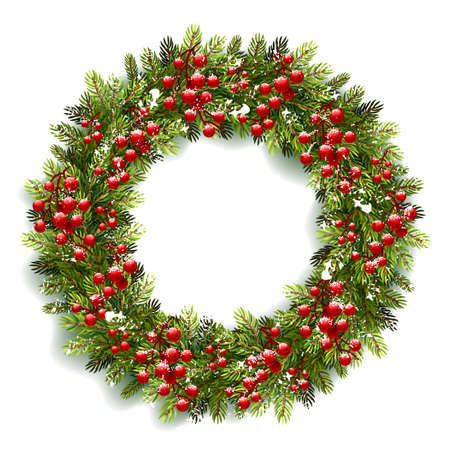 Christmas wreath with red berries and snow isolated on white background. Vector illustrationのイラスト素材