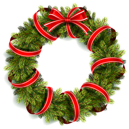 Christmas wreath with red ribbon and bow isolated on white. Vector illustrationのイラスト素材