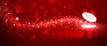 Christmas magic box with stream of stars on red backgroundのイラスト素材