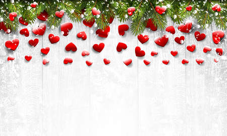 Fir branches and hearts on a white wooden background. Vector illustrationのイラスト素材