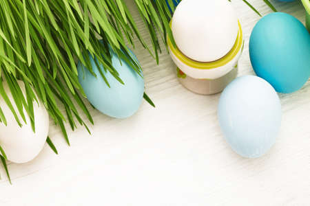 Easter Eggs with green grass on white wooden backgroundの写真素材