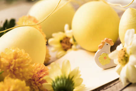 Easter decorations with flowers on wood backgroundの写真素材