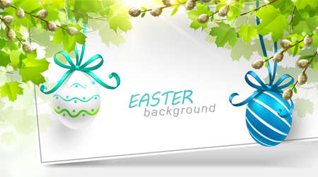 Spring decoration with leaves and eggs. Vector illustrationのイラスト素材