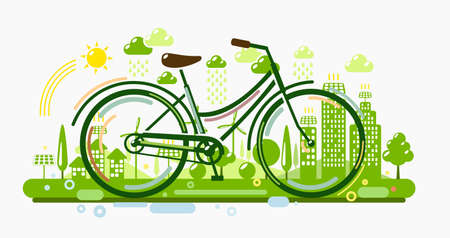 Bicycle with green eco city. Ecology concept illustrationのイラスト素材