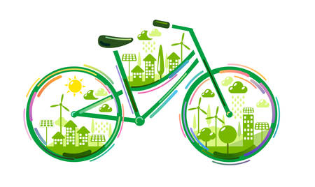Bicycle with green eco city. Ecology concept illustrationのイラスト素材