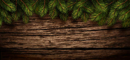 Christmas wooden background with fir branches. Vector illustrationのイラスト素材