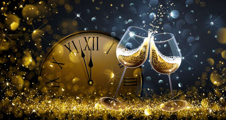 Twelve o'Clock on New Year's Eve with champagne and bokeh effects. Vector illustrationのイラスト素材