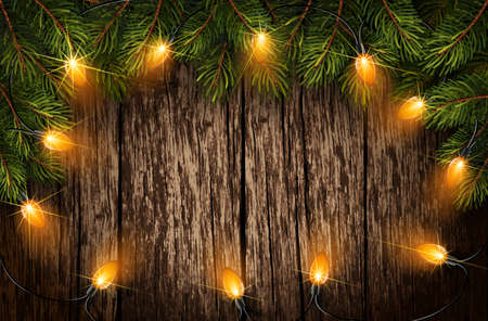 Christmas light with fir branches on old wooden texture. Vector illustrationのイラスト素材