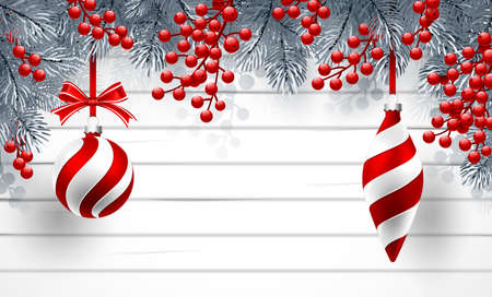 Christmas background with fir branches and red balls with decorations.  Vector illustrationのイラスト素材
