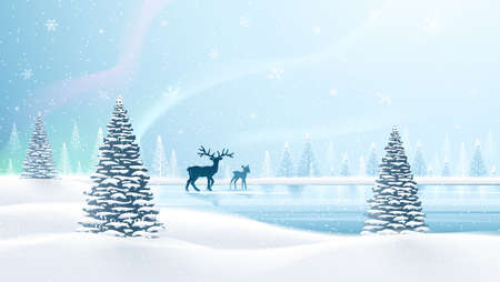 Christmas card with reindeer and northern lights. Vector illustrationのイラスト素材
