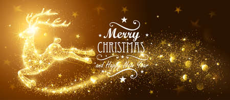 Christmas card with silhouette Magic Deer and flickering lights. Vector illustrationのイラスト素材