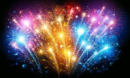 Festive Colorful fireworks on black background. Vector illustrationのイラスト素材