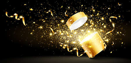 Christmas background with open golden gift with stars and confetti