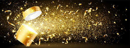 Christmas background with open golden gift with stars and confettiのイラスト素材