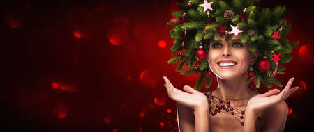 Christmas Hairstyle. Holiday Makeupの写真素材