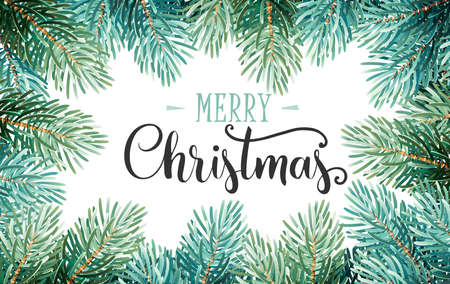 Christmas Background with Fir Branches and Handwriting Lettering. Vector Illustrationのイラスト素材