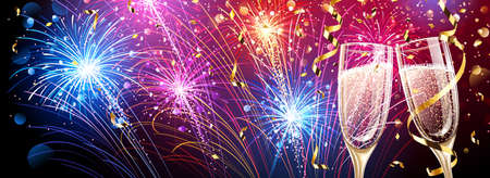 Colorful fireworks with champagne and confettiのイラスト素材