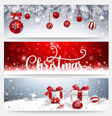 Christmas banners set with fir branches, red balls and gifts. Vector illustrationのイラスト素材