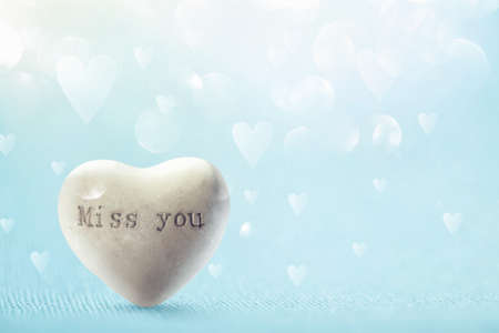 Heart On Shiny Blue Background. Valentines Day Greeting Card Miss Youの写真素材