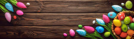 Easter Decorations on dark wooden backgroundの写真素材