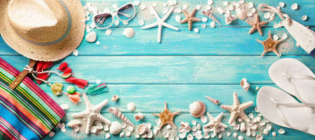 Beach Accessories With Seashells On Wooden Board. Summer Holidaysの写真素材