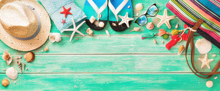 Beach Accessories With Seashells On Wooden Board. Summer Holidaysの写真素材