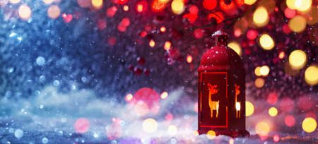 Winter Decoration with a Candlestick Near and Colored Lights and Snow Effects. Christmas Backgroundの写真素材