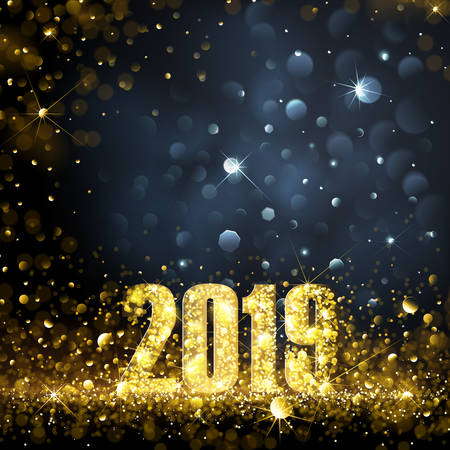 Happy New Year Banner with Gold 2019 Numbers on Bright Background. Vector illustration.のイラスト素材