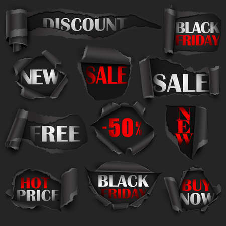 Torn Black Papers, Sale, Discount. Vector illustrationのイラスト素材