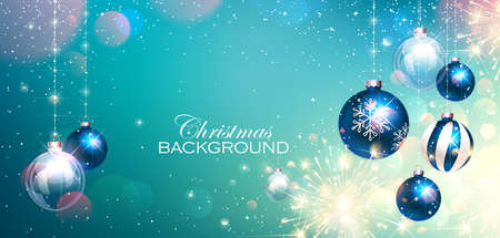 Blue Christmas Balls on Colorful Winter Background and Bengal Lights. Vector illustrationのイラスト素材