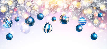 Christmas Decorations with Blue Balls and Fir Branches. Snowy Sparkling Background. Vector illustrationのイラスト素材