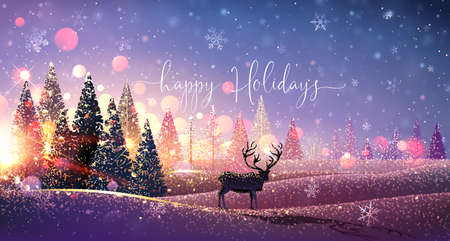 Christmas Card with Reindeer and Snowflakes, Winter Sunny Landscape. Vector illustrationのイラスト素材