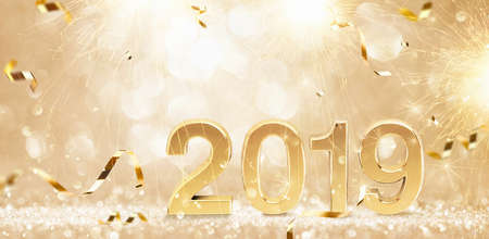 Happy New Year 2019. Golden Background with Sparklers and Confetti