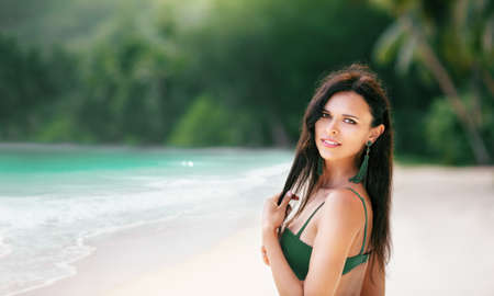 Happy Woman on the Beach of Ocean. Paradise Islandの写真素材