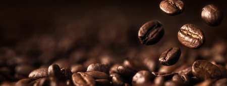 Brown Roasted Coffee Beans Closeup On Dark Backgroundの写真素材