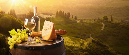 Bottles And Wineglasses With Grapes And Barrel On A Sunny Background. Italy Tuscanyの写真素材